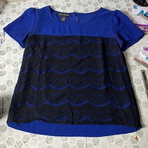 INC Sz 2 Blue Black Lace Short Sleeve Blouse